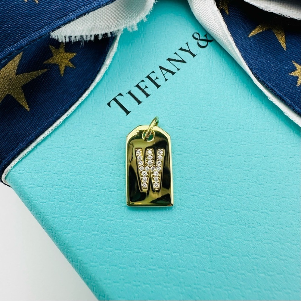 RARE Tiffany & Co. 18K Yellow Gold Diamond Letter W Rectangular Tag Charm